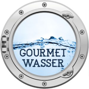 Bullaugen Grafik mit dem Wort Gourmetwasser im Fenster